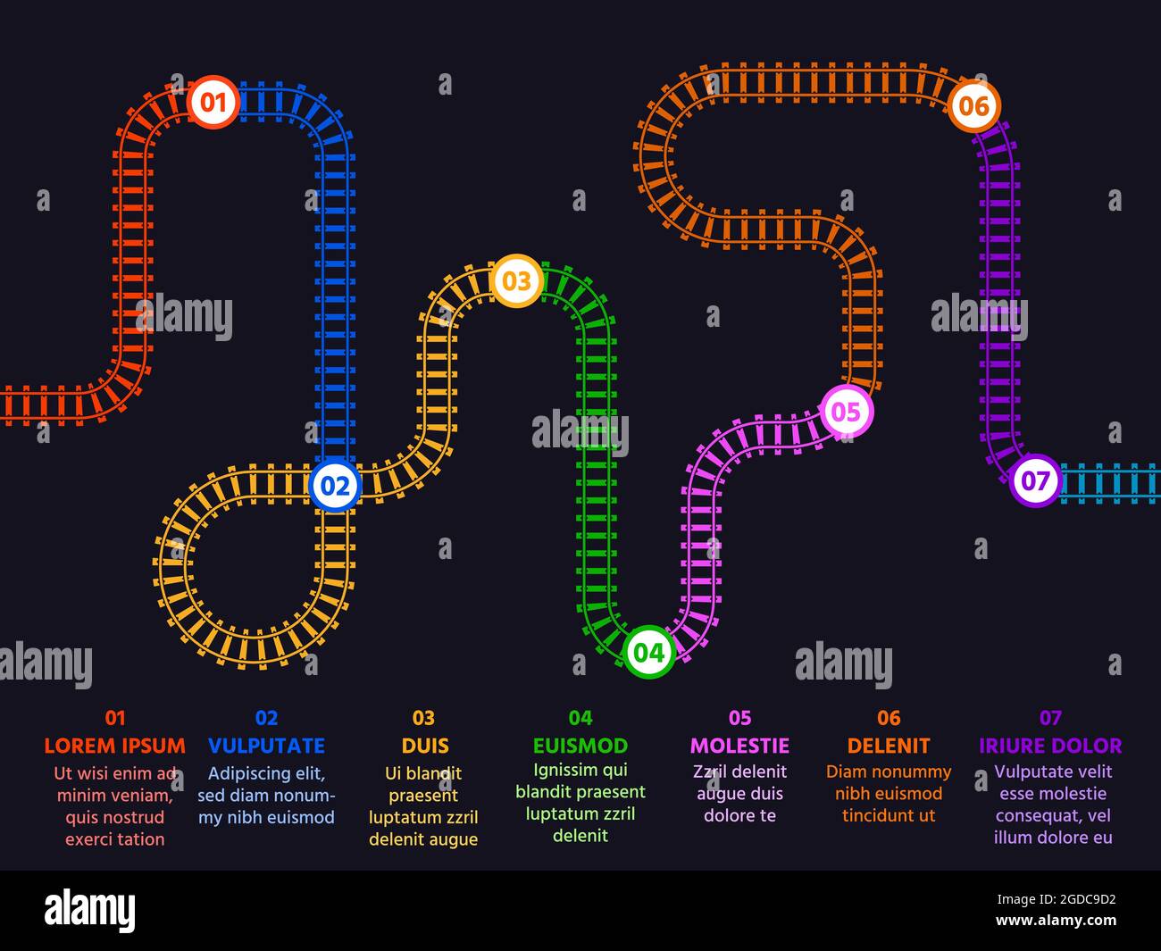 Schritte oder Optionen Infografik mit Bahngleiskarte und Nummern. Präsentation mit flacher Eisenbahnlinie. Vorlage für das Business-Plan-Vektor-Konzept Stock Vektor