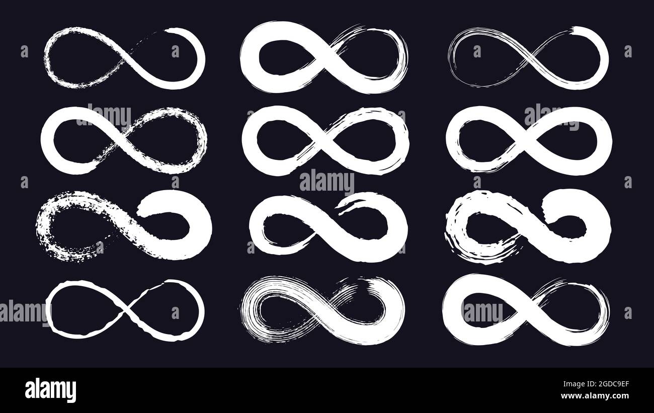 Unendlichkeits-Symbole oder Ewigkeitsschleife, gezeichnet mit grunge-Tintenpinsel. Endloser Linienzug. Kalligraphie unendlich Emblem. Moebius-Bändchenvektorsatz Stock Vektor