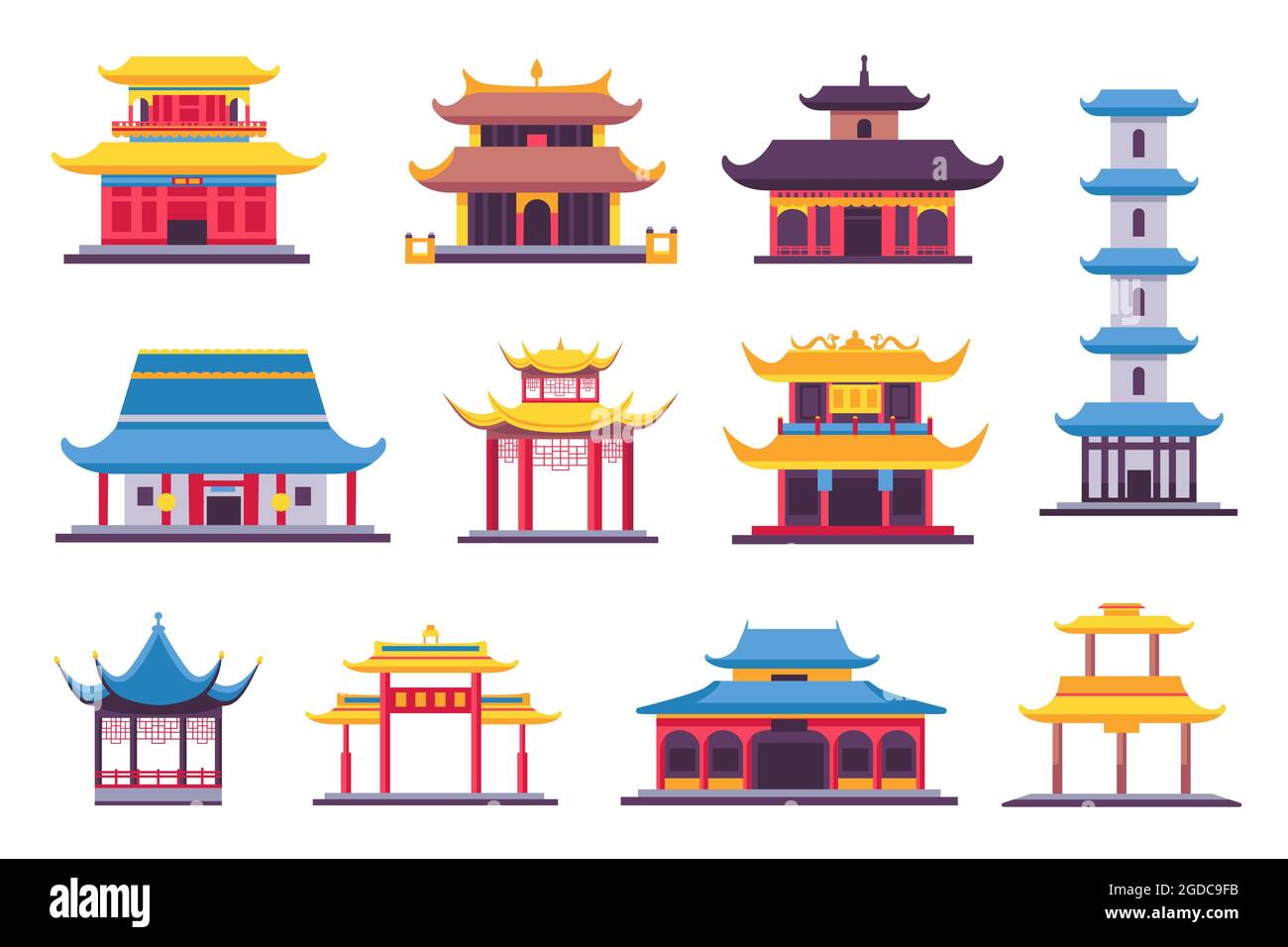 Flache chinesische und japanische Gebäude, alter Tempel, Pagode und Schrein. Alte asiatische Architektur im traditionellen Stil. In China befindet sich ein Vektorsatz Stock Vektor