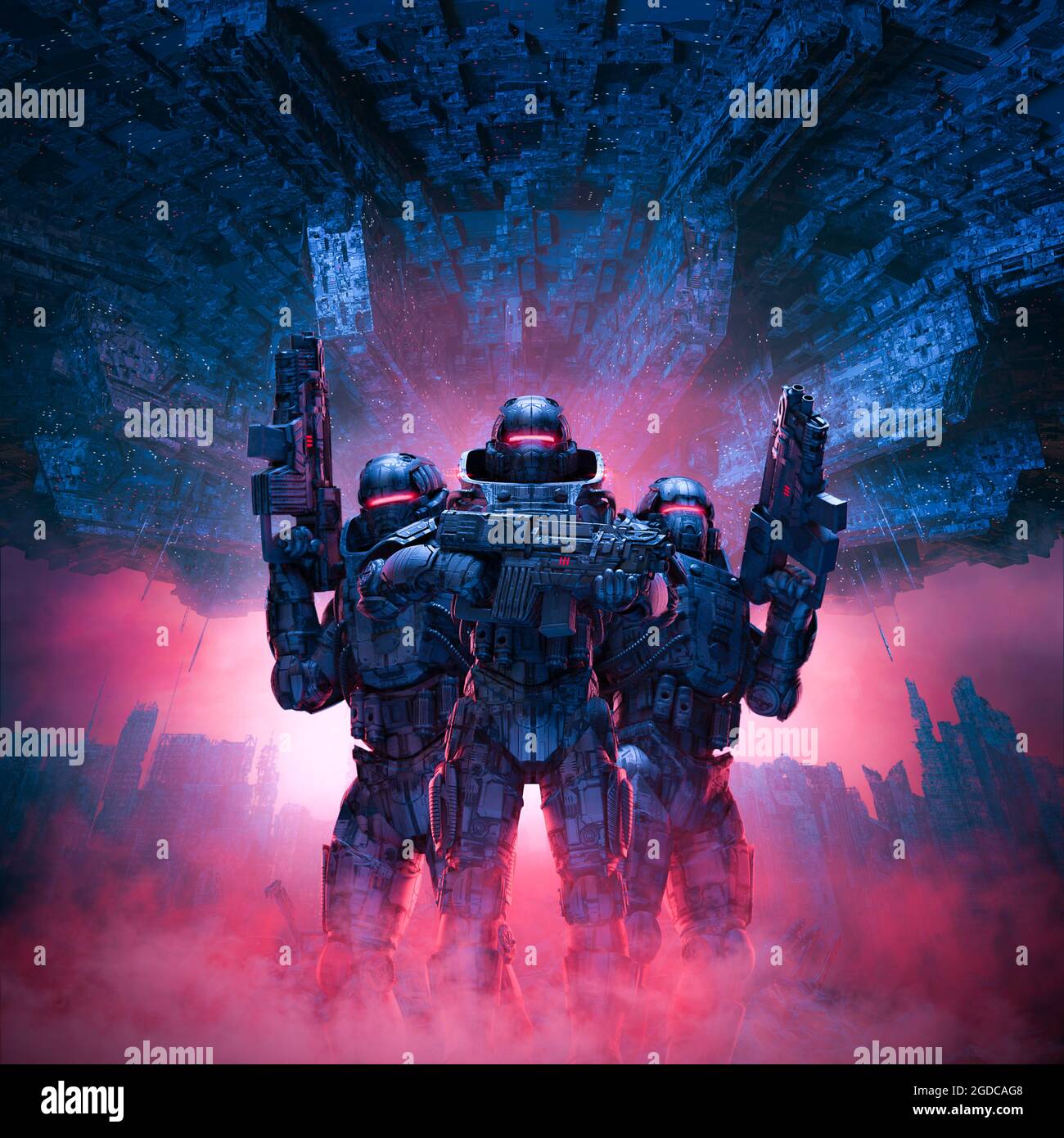 Cyberpunk Soldiers City Patrol - 3D-Illustration von Science-Fiction-Kriegern militärischer Roboter, die inmitten von Trümmern in einer vom Krieg zerrissenen futuristischen Stadt stehen Stockfoto