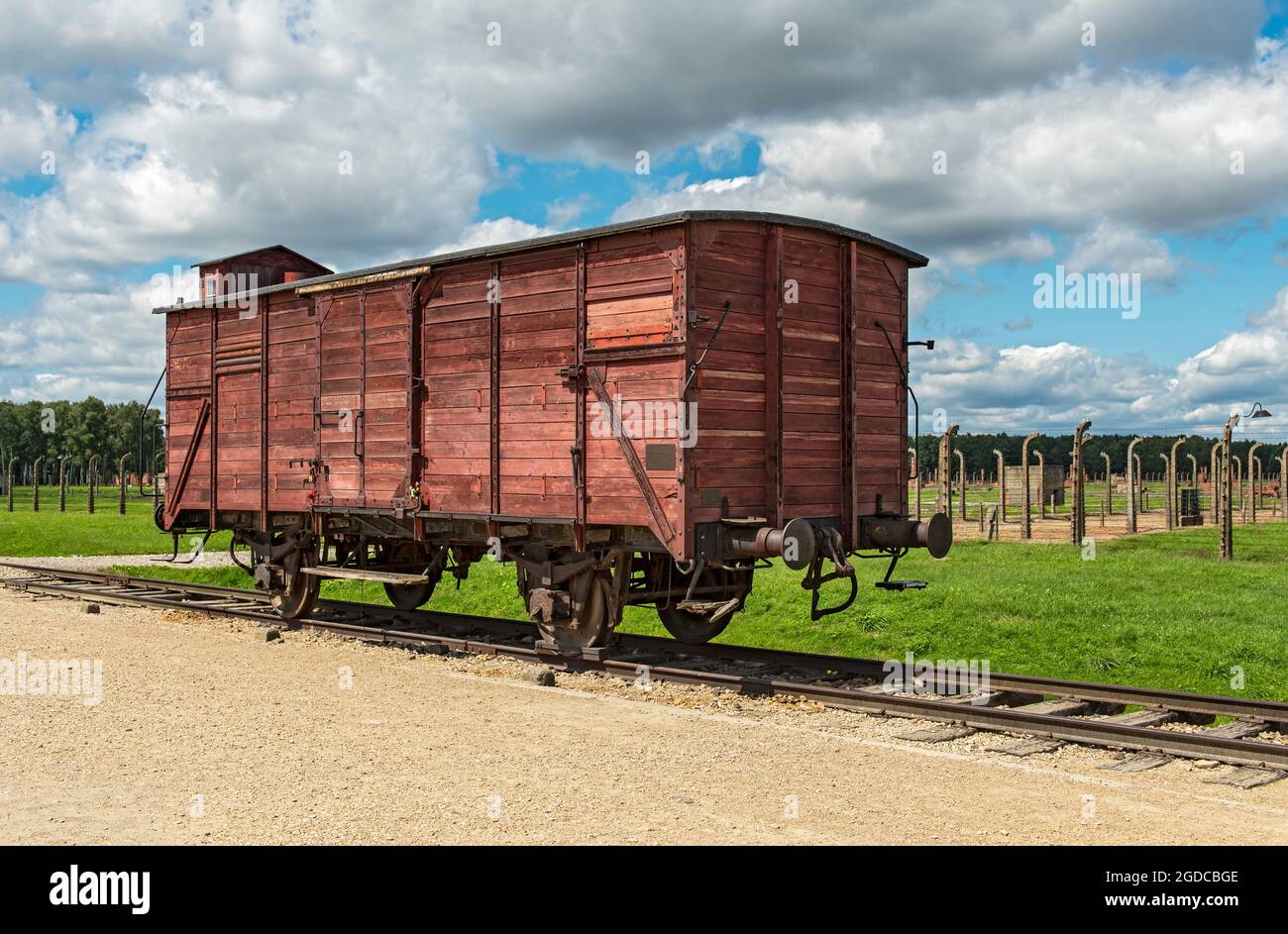 Zugwagen im Konzentrationslager Auschwitz II-Birkenau, Oswiecim, Polen Stockfoto