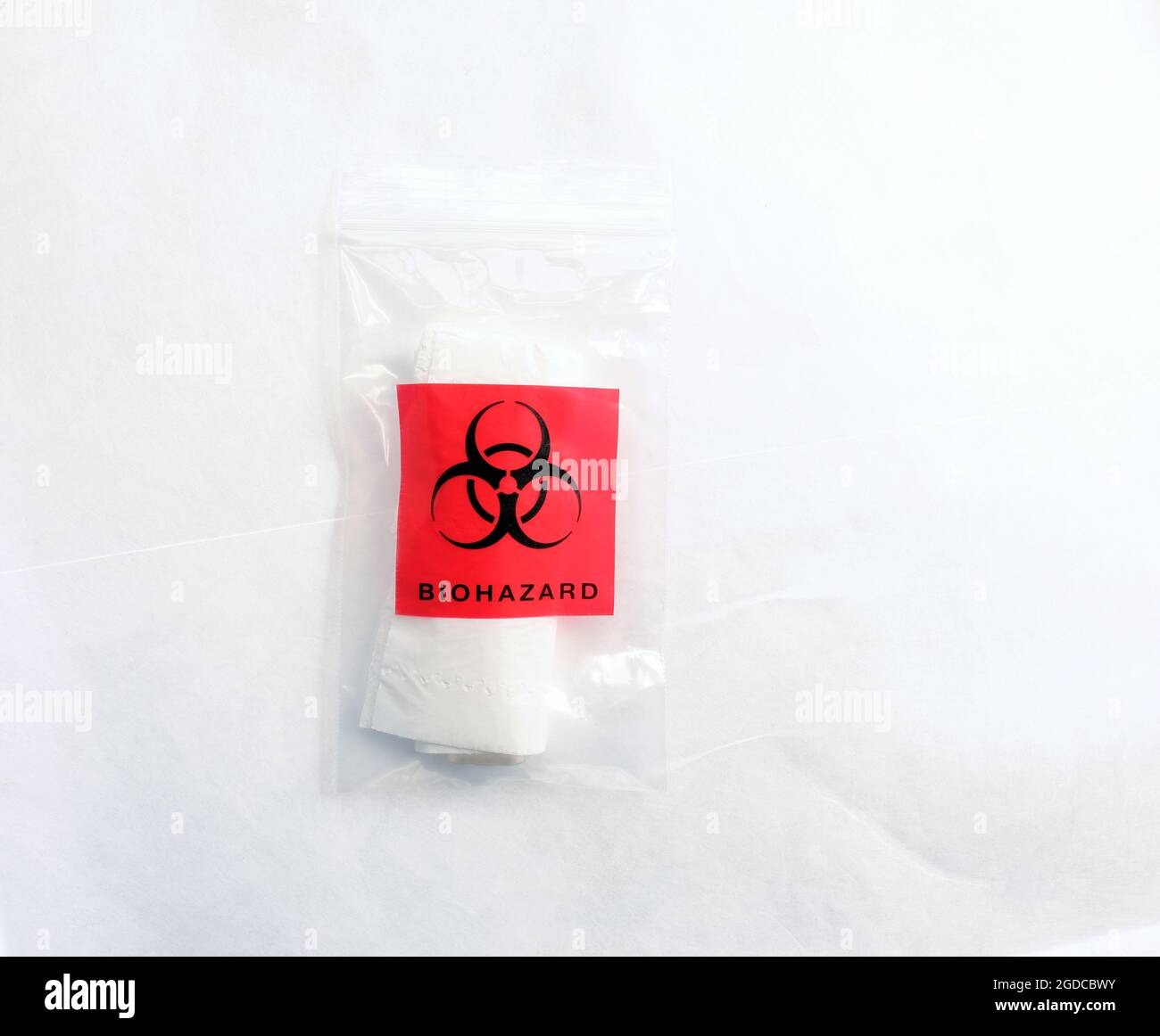 Durchsichtiger Probenbeutel aus Kunststoff mit Reißverschluss für biologische Gefahrenstoffe und aufgerolltem Probenröhrchen im Inneren, bereit zur Einreichung beim Labor für Tests. Stockfoto