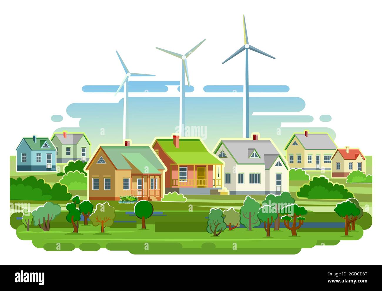 Windkraft-Generator. Vorort Dorf. Flacher Cartoon-Stil. Eine umweltfreundliche Quelle erneuerbarer Energien. Symbol isolieren. Turbine mit Rotorblättern. I Stockfoto