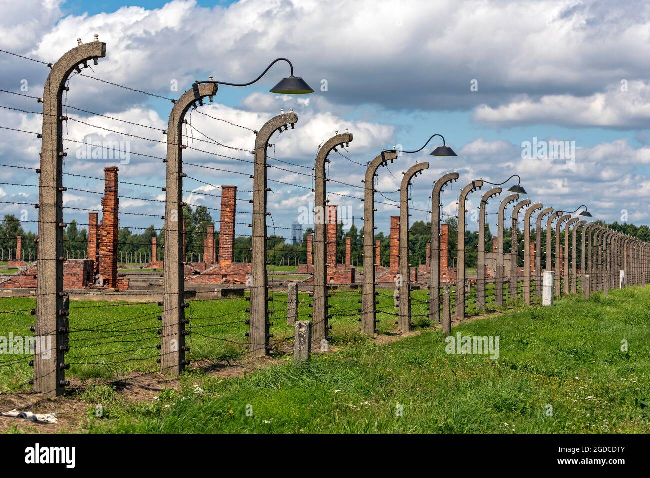 Stacheldrahtzaun und Lampenpfosten im Konzentrationslager Auschwitz II-Birkenau, Oswiecim, Polen Stockfoto