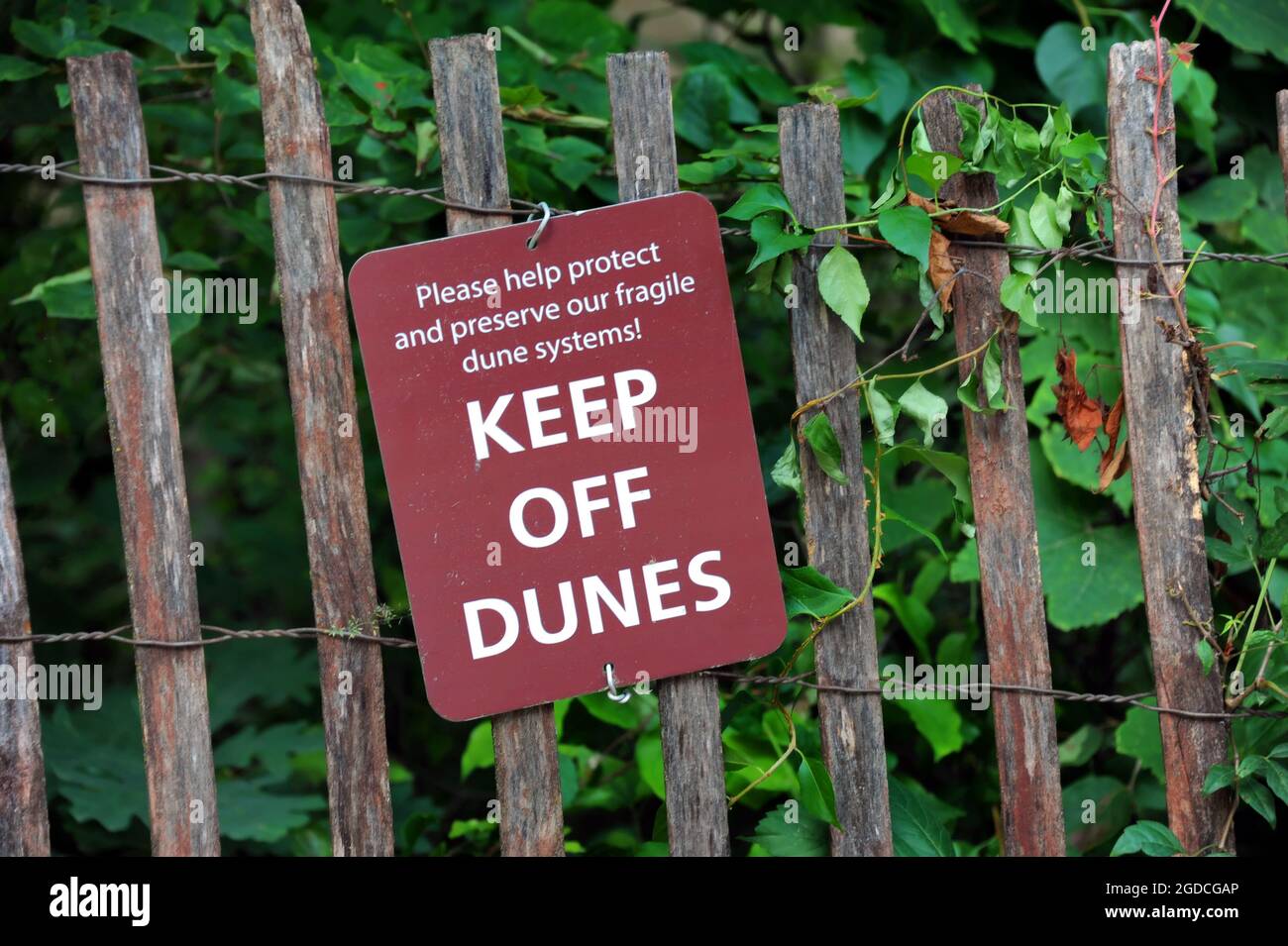 Schild ist in der Nähe der Sanddünen im Indiana Dunes National Park in Indiana angebracht. Schild ist an einem rustikalen, umzäunten Zaun befestigt. Stockfoto