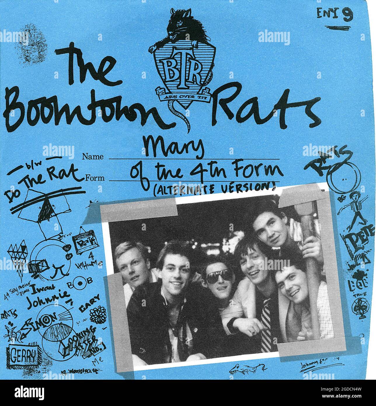 Frontcover der Plattenhülle für die UK 45 rpm Vinyl Single von Mary of the 4th Form von den Boomtown Rats. Herausgegeben auf dem Label Ensign am 11. November 1977. Geschrieben von Bob Geldof und produziert von Robert John lange. Stockfoto