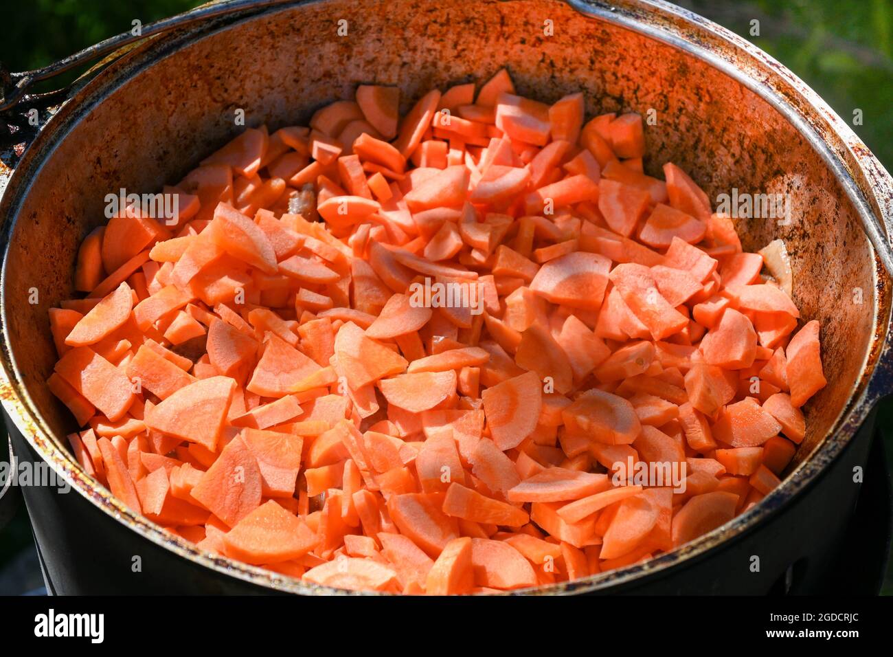 In Scheiben geschnittene Karotten auf andere Zutaten während des Kochens von Pilaf in einem Kessel auf einem traditionellen asiatischen Ofen. Schritt-für-Schritt-Rezept für echten Pilaf. Stockfoto