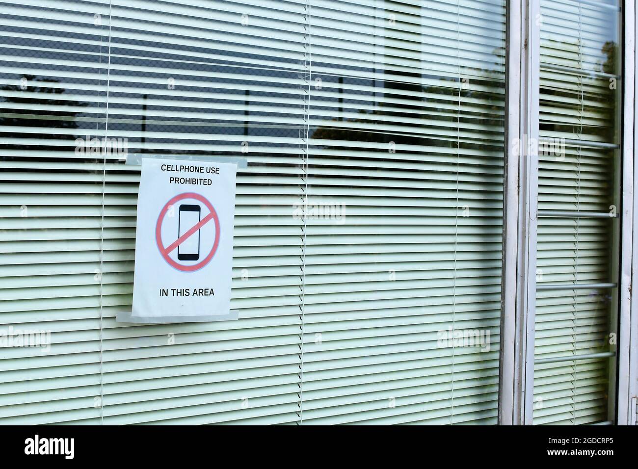 Aufgedrucktes Schild auf Glasfenster, das darauf hinweist, dass es sich um eine Handyfreizone handelt; Handynutzung ist eingeschränkt und verboten; San Francisco, Kalifornien. Stockfoto