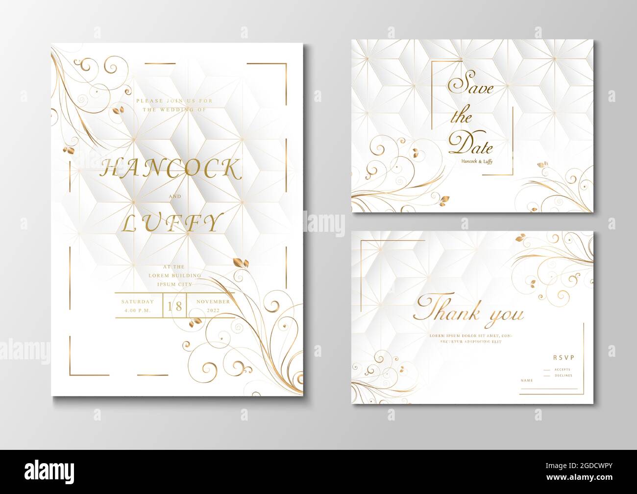 Vorlage für eine luxuriöse Hochzeitseinladungskarte. Elegant aus weißem und goldenem Hintergrund florales Design mit geometrischer Form. Vektorgrafik.EPS10 Stock Vektor