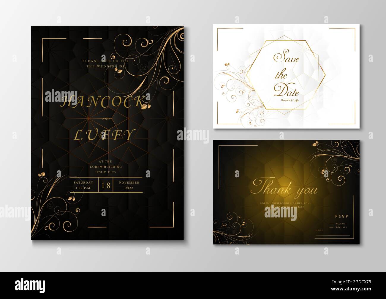 Luxus Hochzeit Einladungskarte Vorlage schwarz, weiß und Gold Hintergrund elegant mit geometrischen Form floralen Design. Vektorgrafik.EPS10 Stock Vektor