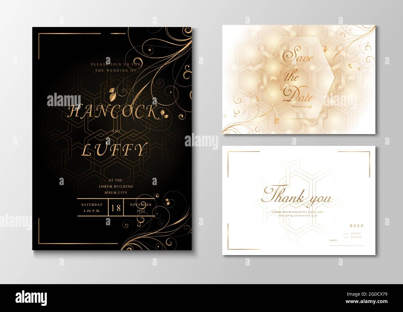 Vorlage für eine luxuriöse Hochzeitseinladungskarte. Elegant aus schwarz, weiß und Gold Hintergrund floralen Design mit geometrischer Form. Vektorgrafik.EPS10 Stock Vektor
