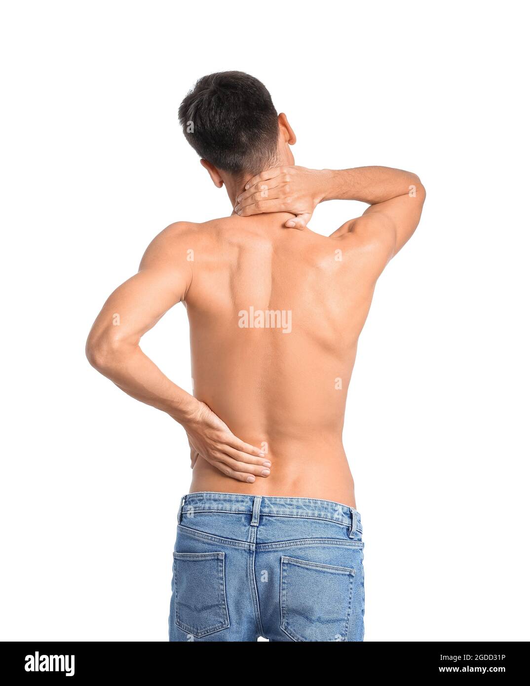 Junge Menschen leiden unter Rückenschmerzen auf weißem Hintergrund Stockfoto