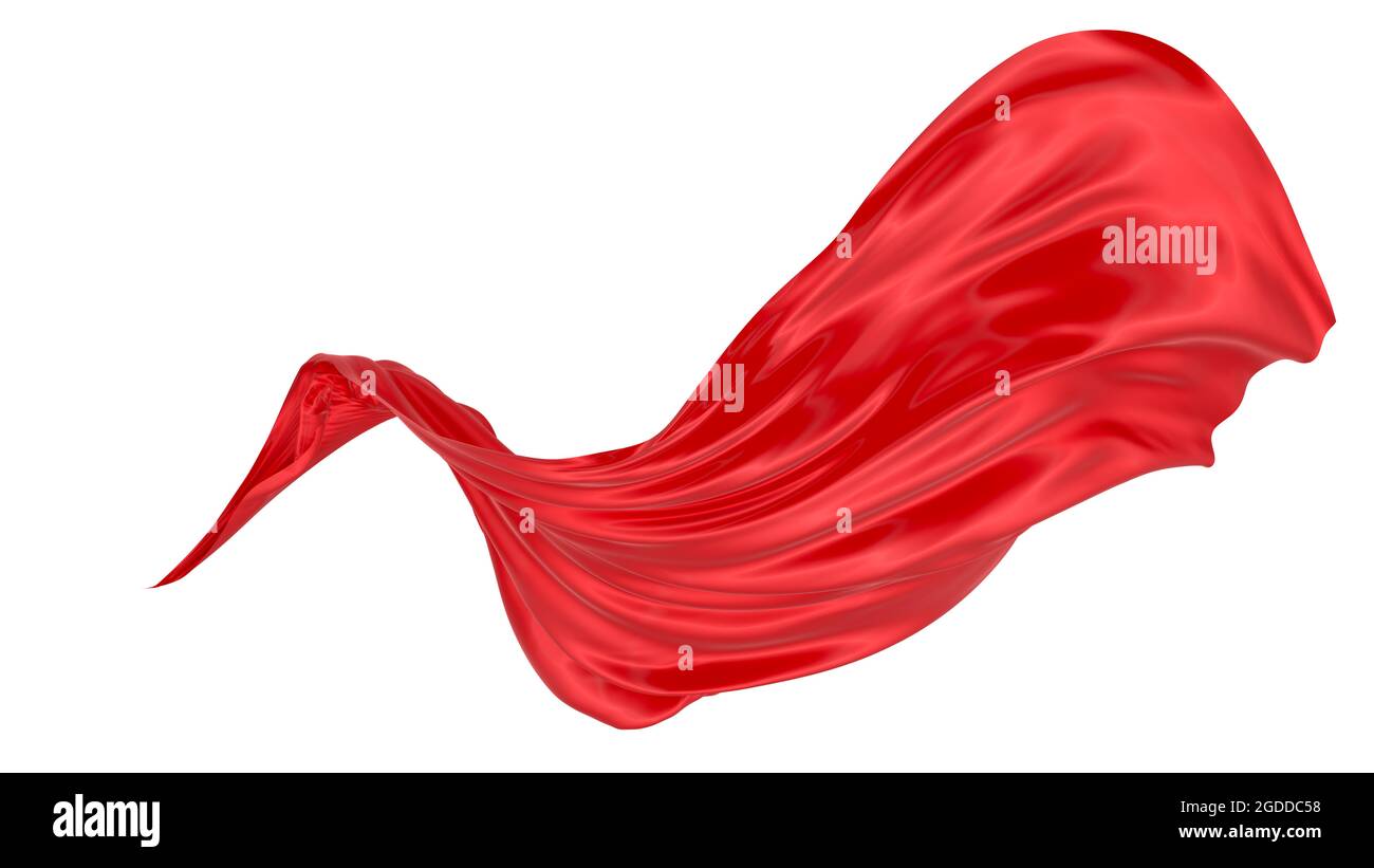 Schön fließendes Gewebe im Wind fliegen. Rot gewellte Seide oder Satin. Abstraktes Element für Design. 3D-Rendering-Bild. Bild auf weißem Hintergrund isoliert Stockfoto