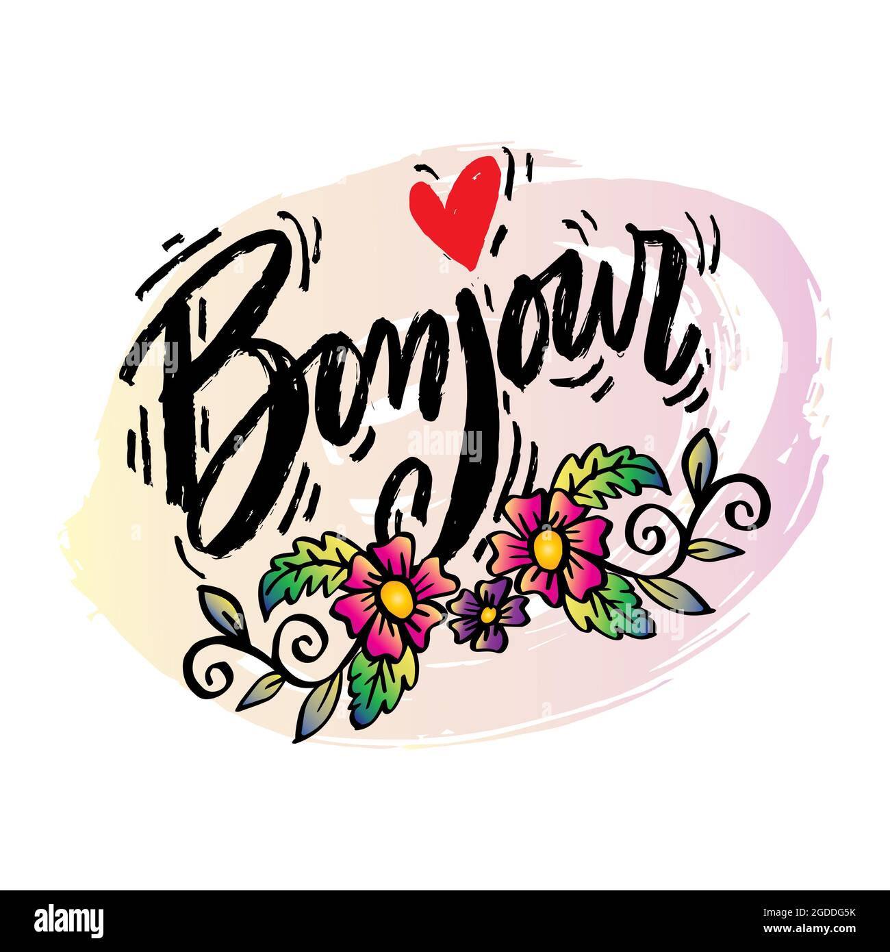 Bonjour-Schriftzug mit Blume. Grußkarte. Stockfoto