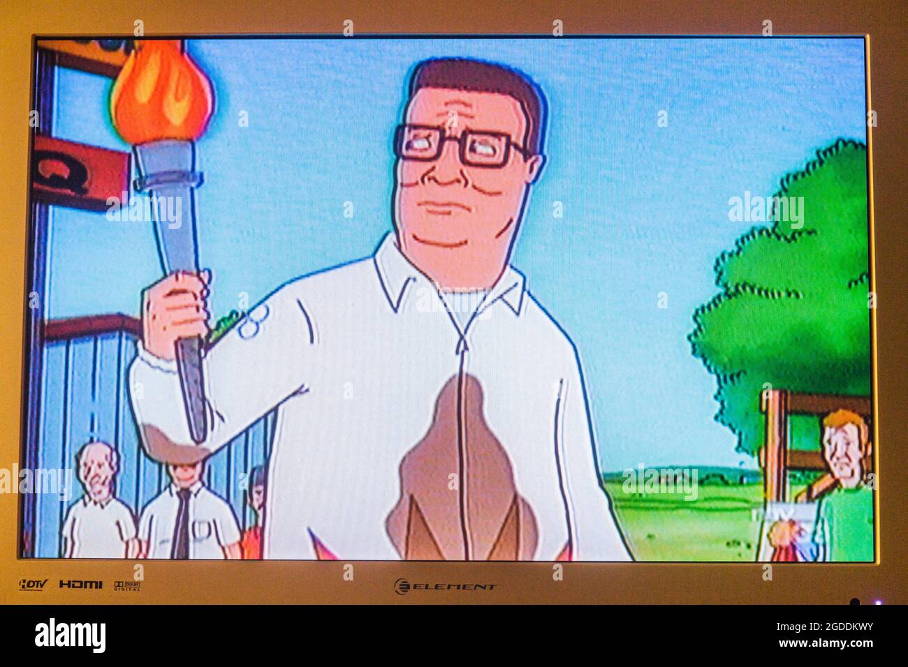 TV-Show-Set TV Flachbildschirm, Monitor King of the Hill animierte Komödie Hank Hill, Zeichentrickfigur, Stockfoto