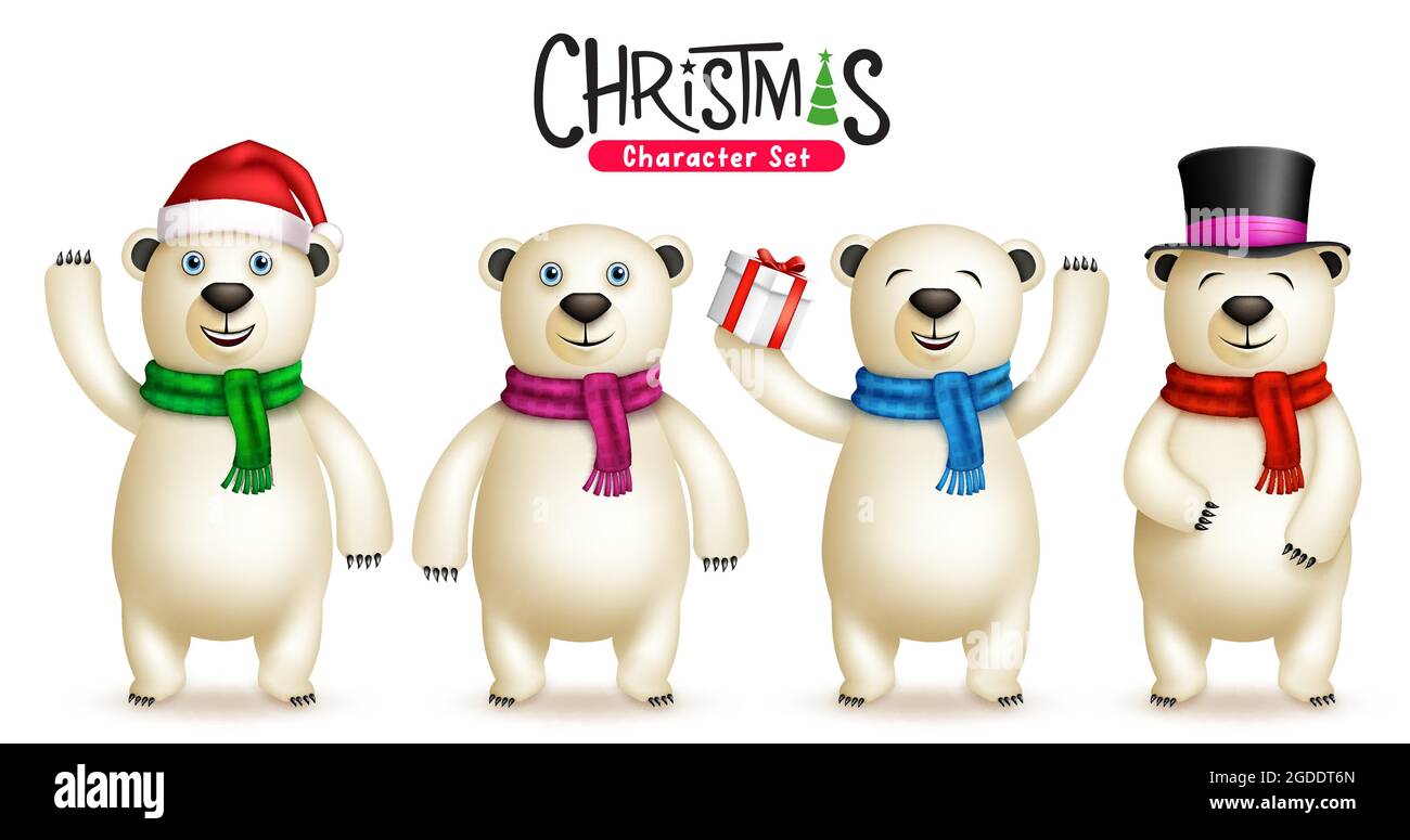 Eisbär weihnachten Zeichen Vektor-Set. 3d trägt Charakter in stehender Pose, winkt und hält Geschenk Geste für Weihnachten Feier Kollektion. Stock Vektor