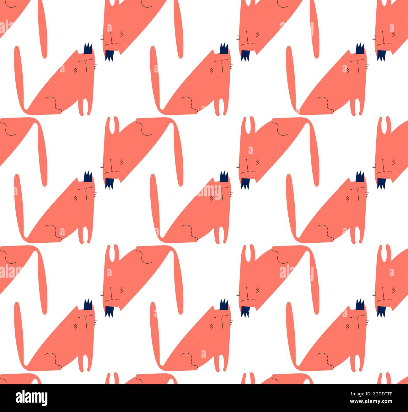 Modischer Nahtlosdruck mit Ingwerkatzen. Muster von Kätzchen mit Krone, im Vektor im Doodle-Stil gezeichnet. Isoliert auf einem weißen. Für Druck, Fabriktextilien, Poster, Karten, T-Shirts, Tapeten Stock Vektor
