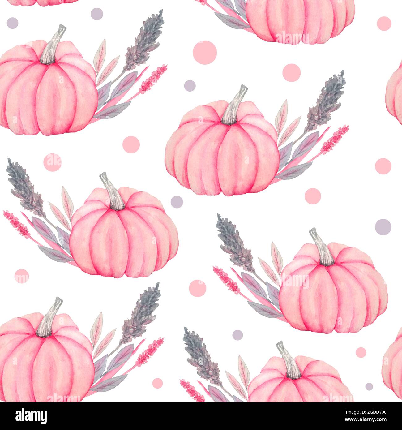 Handgezeichnete Aquarell nahtlose Muster Herbst Herbst pastellrosa Kürbisse mit grauen Blättern und Blumen. Baby-Duschkarten, Einladung, Halloween-Design, Thanksgiving-Drucke. Niedliche Kawaii Malerei für Mädchen Stockfoto
