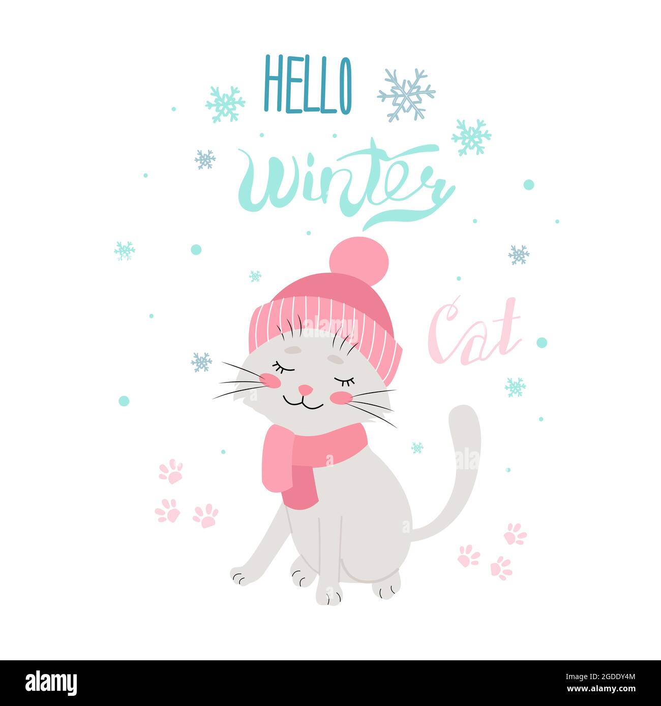 Katze im Winterhut, Hallo Winter, Vektorgrafik. Isoliert. Flaches Design Stock Vektor