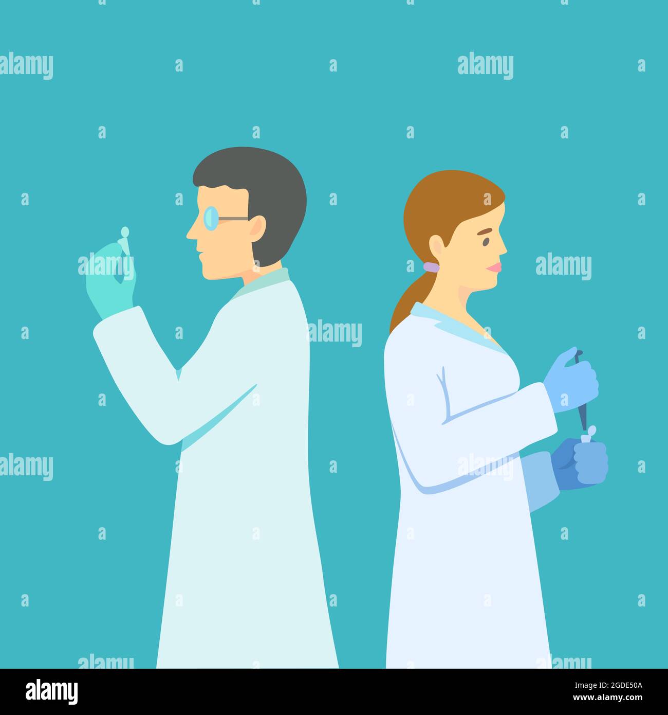 Wissenschaftler, Mann und Frau halten Pipetten und Röhrchen in der Hand und führen molekularbiologische Biotechnologie-Forschung durch. Stock Vektor