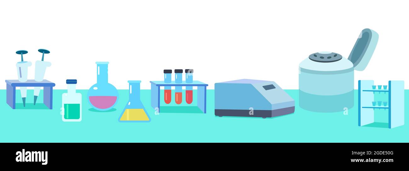 Banner zum Thema Molekularbiologie und Biotechnologie, Laborgeräte und Instrumente für wissenschaftliche Forschung und Experimente. Stock Vektor