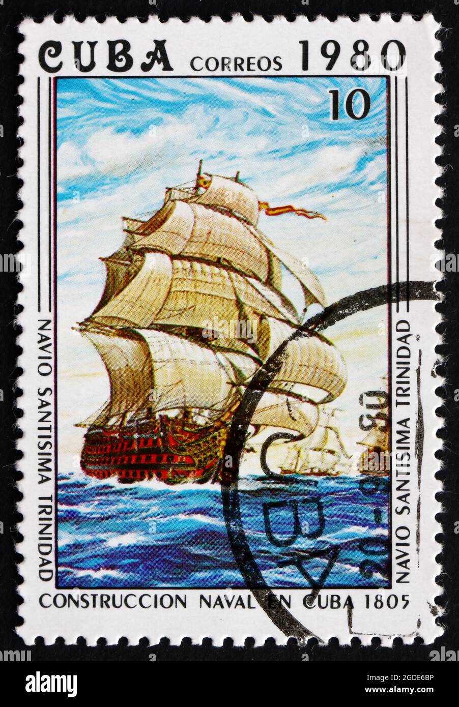 KUBA - UM 1980: Eine auf Kuba gedruckte Marke zeigt Santisima Trinidad, 1805, Schiff im Bau, Bau von Marineschiffen in Kuba, 360. A Stockfoto