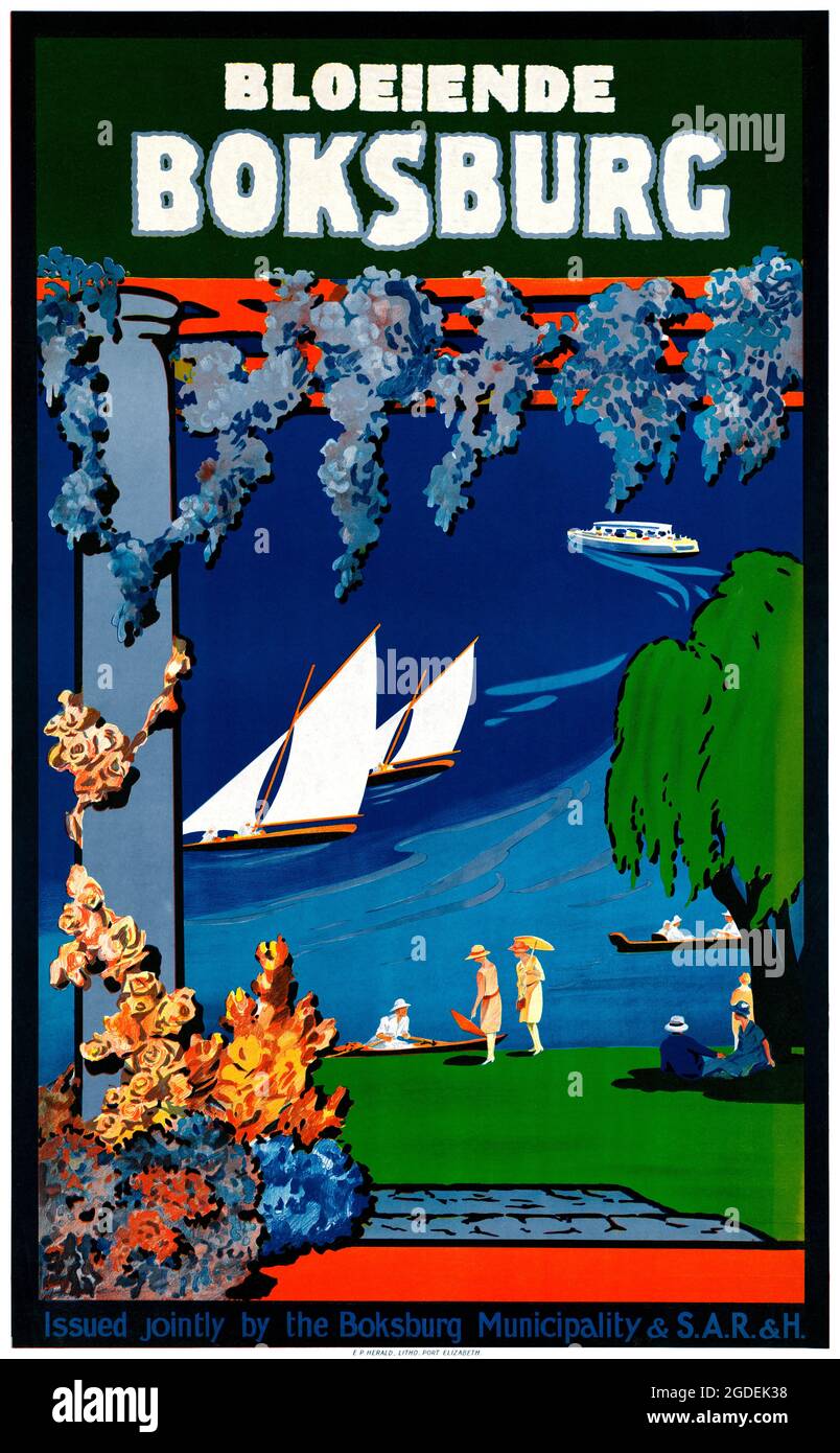 Bloeiende Boksburg (Boksburg blüht). Künstler unbekannt. Restauriertes Vintage-Poster, das in den 1930er Jahren in Südafrika veröffentlicht wurde. Stockfoto