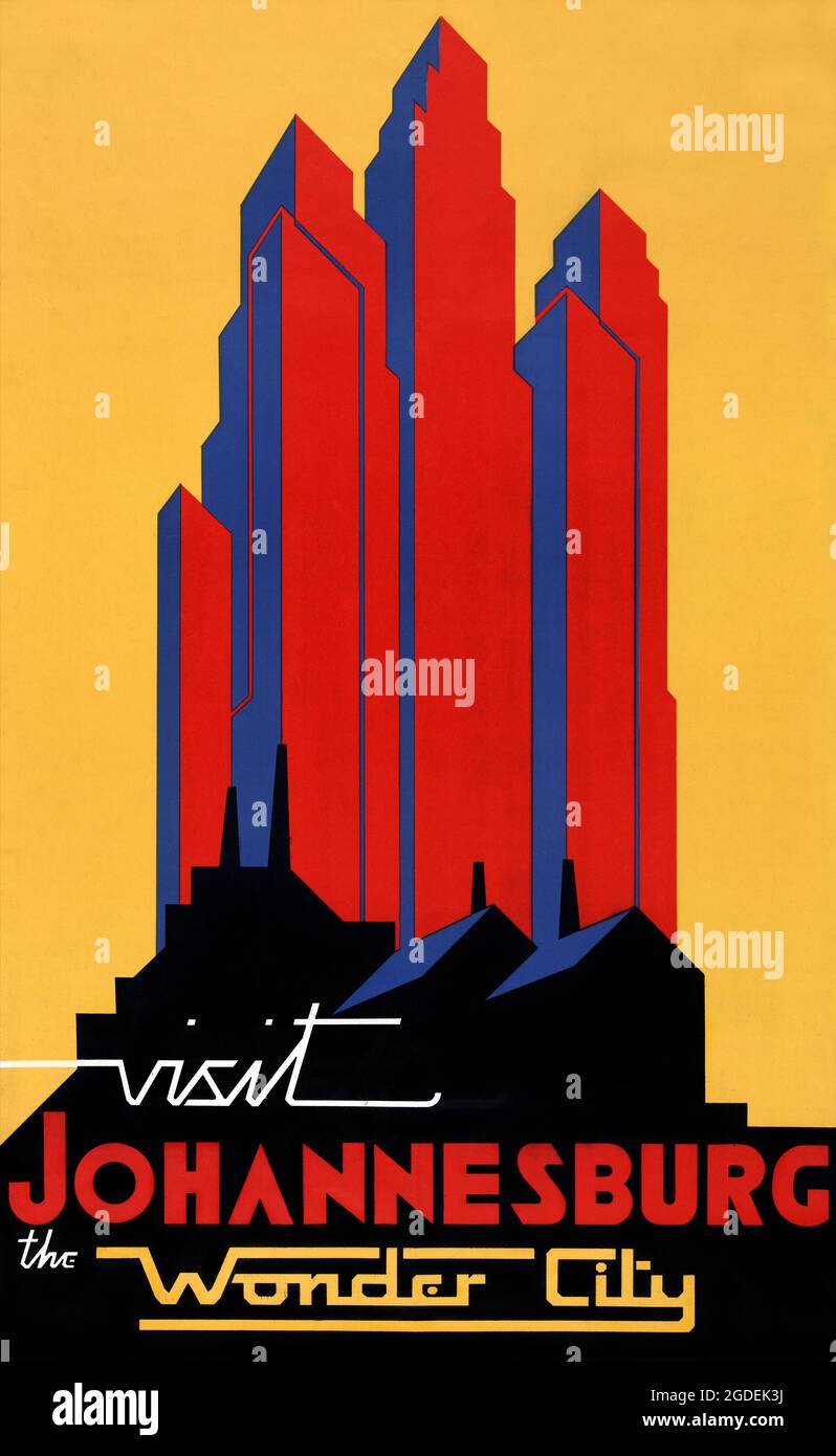 Besuchen Sie Johannesburg The Wonder City. Künstler unbekannt.restauriertes Vintage-Poster, das in den 1930er Jahren in Südafrika veröffentlicht wurde. Stockfoto