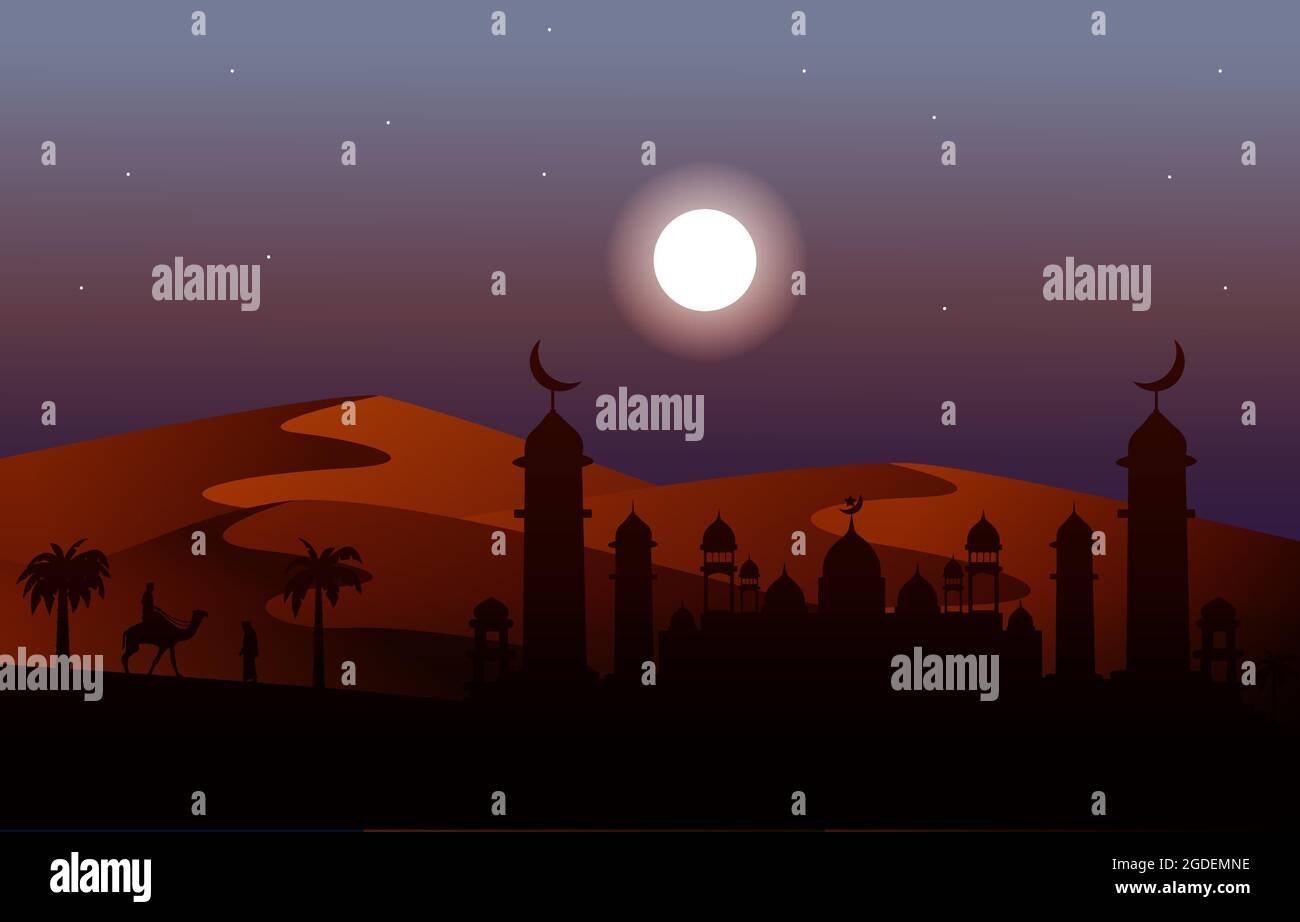 Nacht Arabische Wüste Kamel Karawane Muslimische Islamische Kultur Illustration Stock Vektor