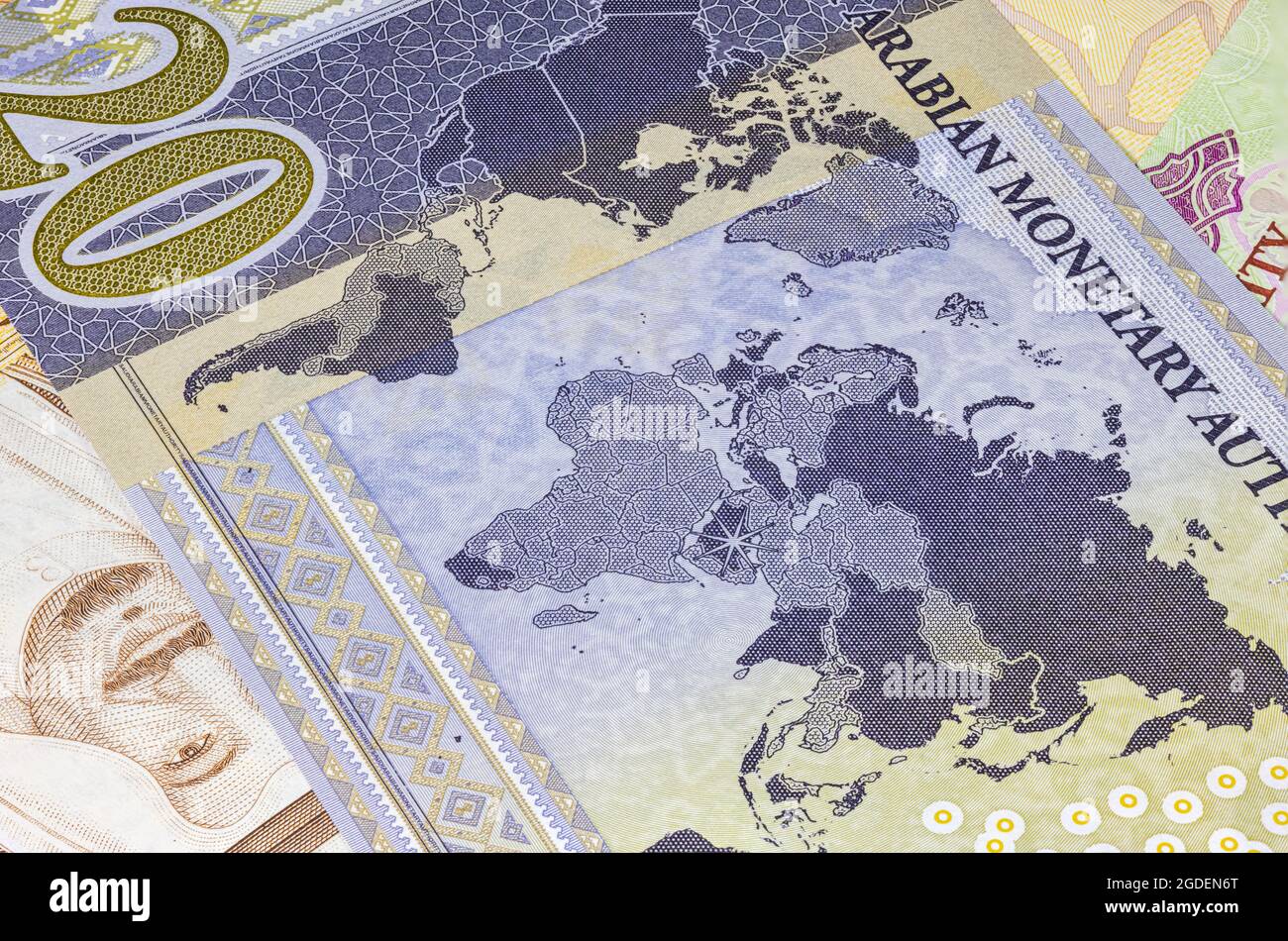 Detaillierte Nahaufnahme von 20 Saudi Riyal. Saudi-arabische Währung für den G20-Gipfel 2020. Geld Saudi-Arabiens. Weltkarte auf der Rückseite von Twenty Stockfoto