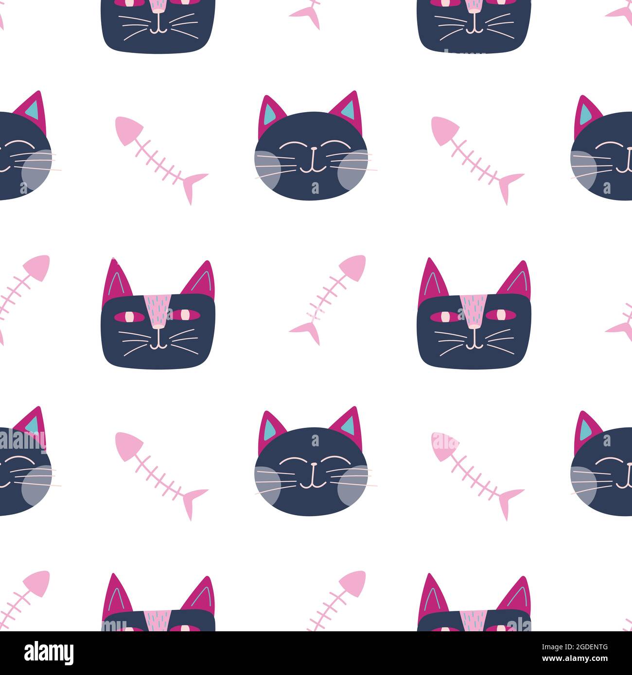 Kindliche nahtlose Muster mit Katze Gesicht blaue Farbe und Fisch Skelett in Cartoon-Stil. Vektor-Trenddruck. Niedliches Baby-Stoffdesign. Witziger Charakter. Stock Vektor