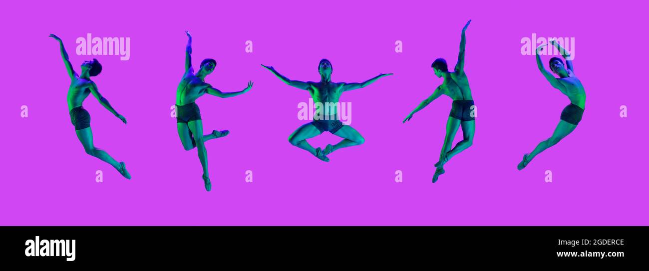 Tanz der Gefühle. Erstaunliche Leistung eines flexiblen männlichen Balletttänzers, der isoliert auf rosa Hintergrund trainiert. Konzept von Kunst, Schönheit, Aspiration Stockfoto