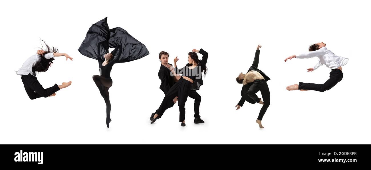 Collage aus Porträts männlicher und weiblicher Balletttänzer, die isoliert auf weißem Hintergrund tanzen. Konzept von Kunst, Theater, Schönheit und Kreativität Stockfoto