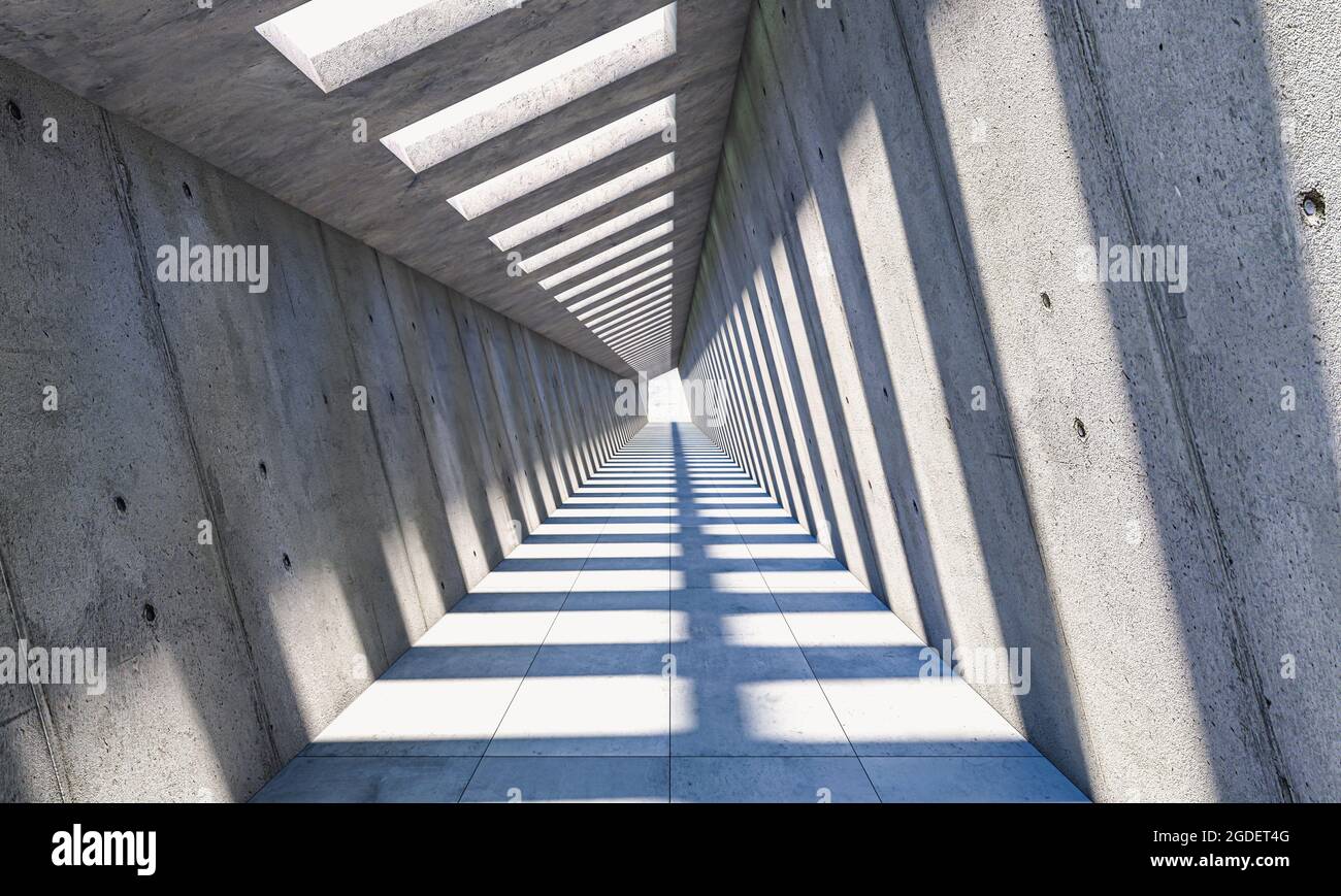 Abstrakte Architektur mit Durchgangs- und Diagonalwänden, Schatten und Sonnenlicht. 3d-Rendering Stockfoto