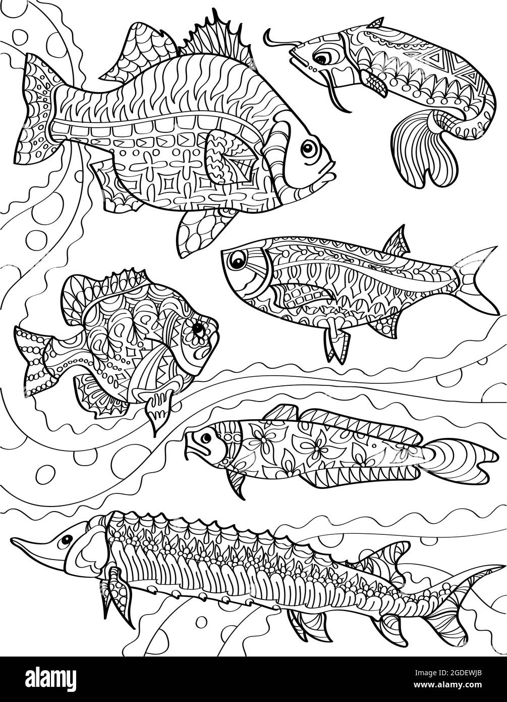 Verschiedene Ozeanfische Schwimmen Gegen Die Strömungen Farblose Linienzeichnung. Gemeinschaft Der Fische Schwimmt Unter Meereshöhe Malbuch-Seite. Stock Vektor