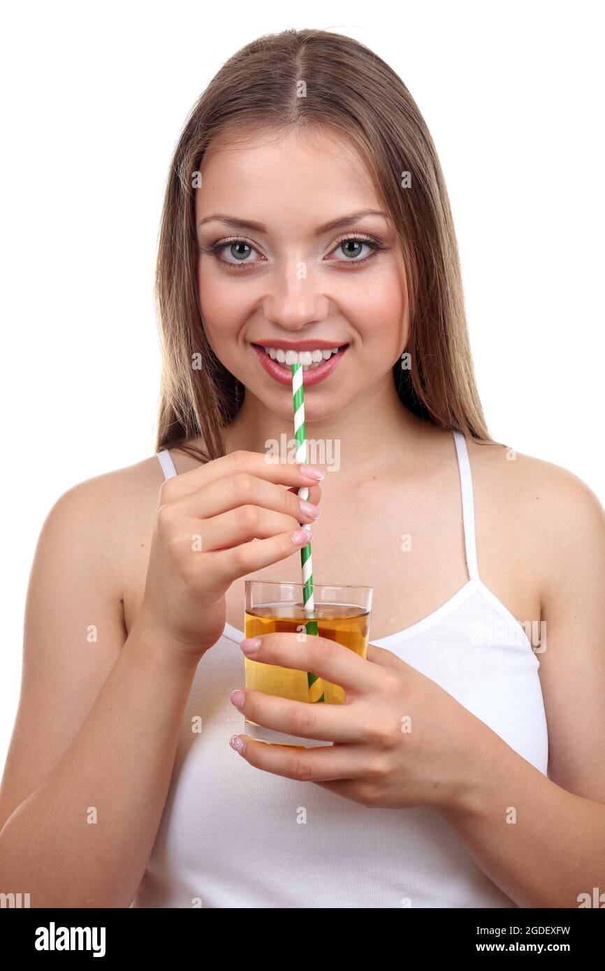 Schönes Mädchen mit Saft, isoliert auf weiß Stockfoto