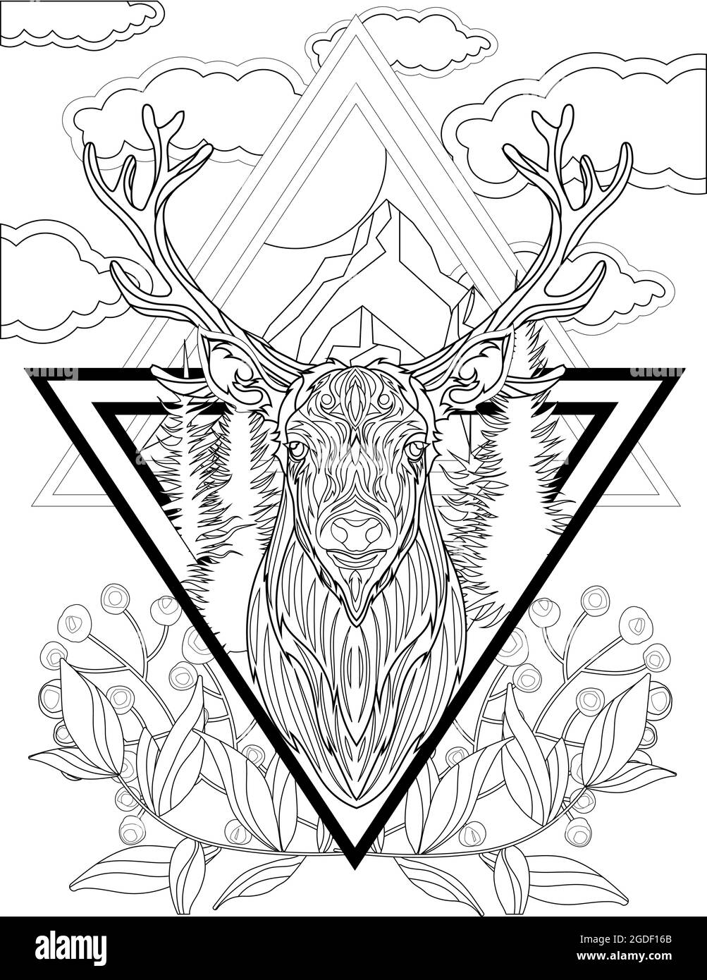 Elch Mit Großen Hörnern Nach Vorne In Dreieckigen Formen Wolken Blätter Hintergrund Farblose Linienzeichnung. Tier Mit Antlers Vorderansicht Malbuch Stock Vektor
