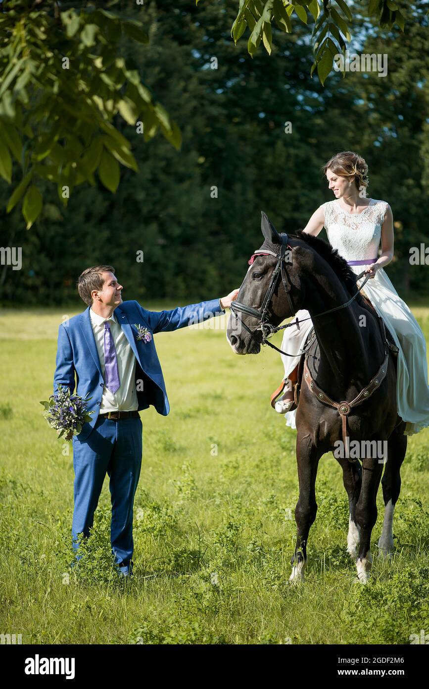 Hochzeits-Porträt im Freien. Die schöne attraktive Braut befreit das Pferd, während ihr Geliebter in der Nähe läuft. Stockfoto