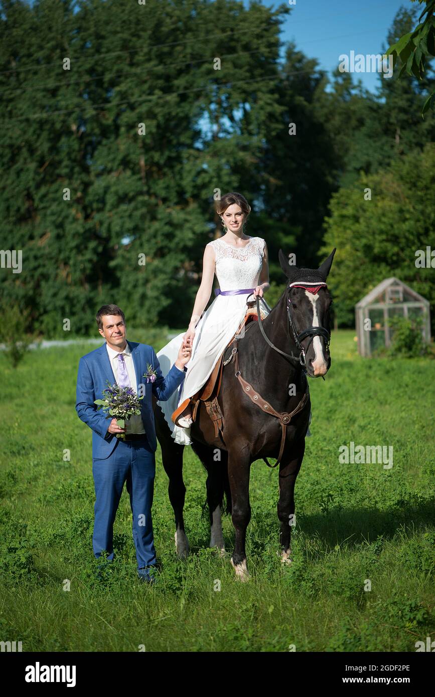 Hochzeits-Porträt im Freien. Die schöne attraktive Braut befreit das Pferd, während ihr Geliebter in der Nähe läuft. Stockfoto