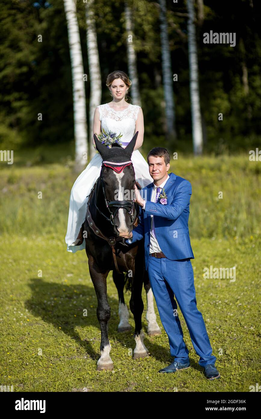 Hochzeits-Porträt im Freien. Die schöne attraktive Braut befreit das Pferd, während ihr Geliebter in der Nähe läuft. Stockfoto