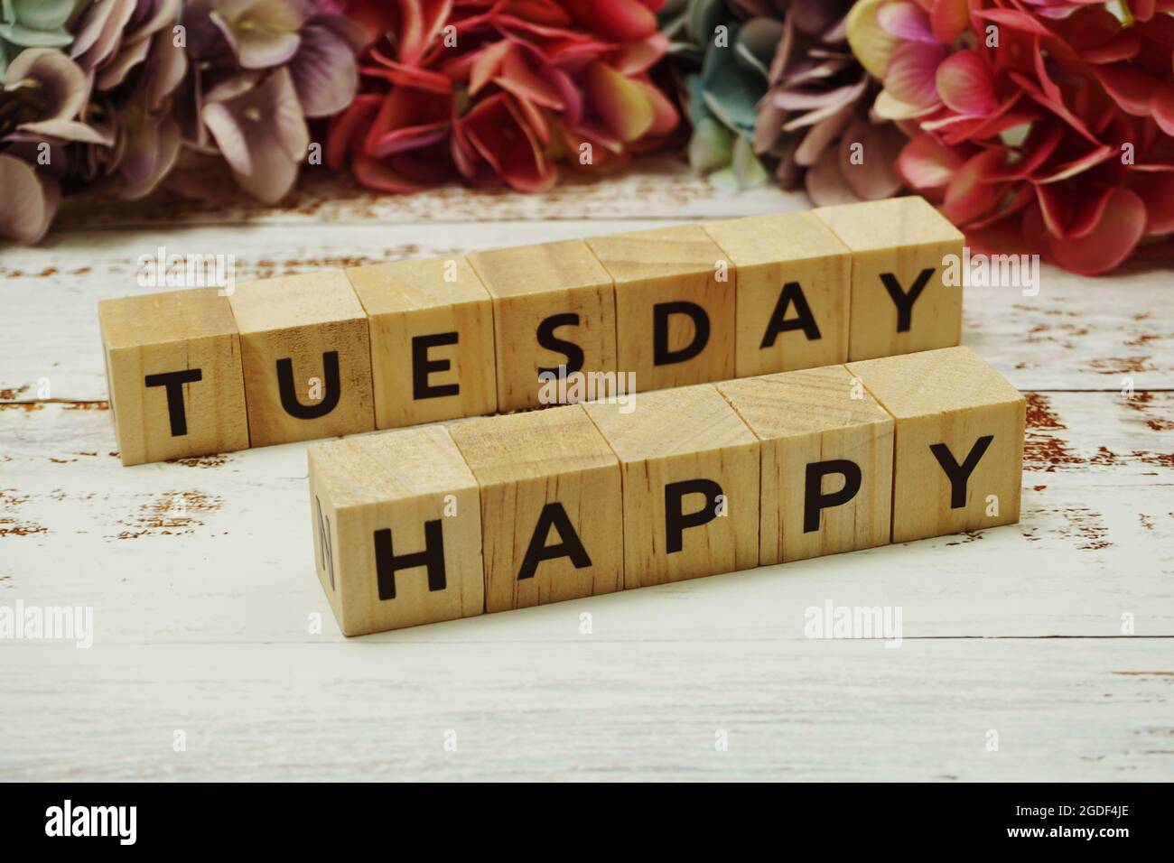 Der Buchstabe „Hello Tuesday“ mit farbenfrohem Blumenrahmen auf Holzhintergrund Stockfoto