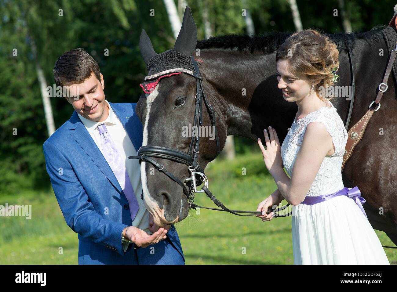 Frisch verheiratetes Paar stehen mit schönen großen Pferd auf Natur, Sommer sonnigen Tag Stockfoto