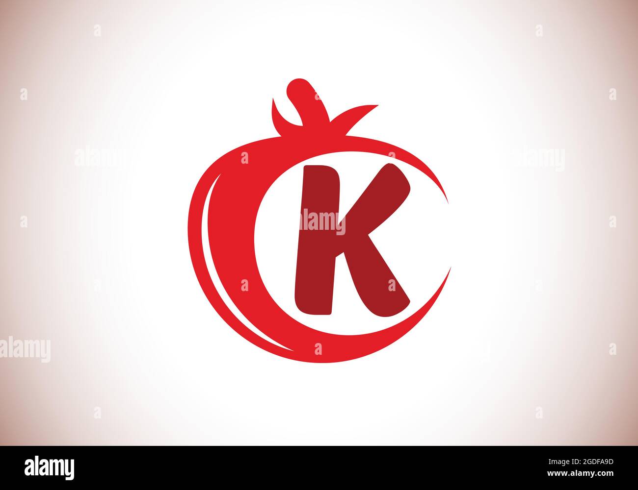 Anfängliches K-Monogramm-Alphabet mit Tomate. Tomate Logo Design-Vorlage. Schrift-Emblem. Modernes Vektor-Logo für Bio-Lebensmittel-Geschäft und Firmenidentität Stock Vektor