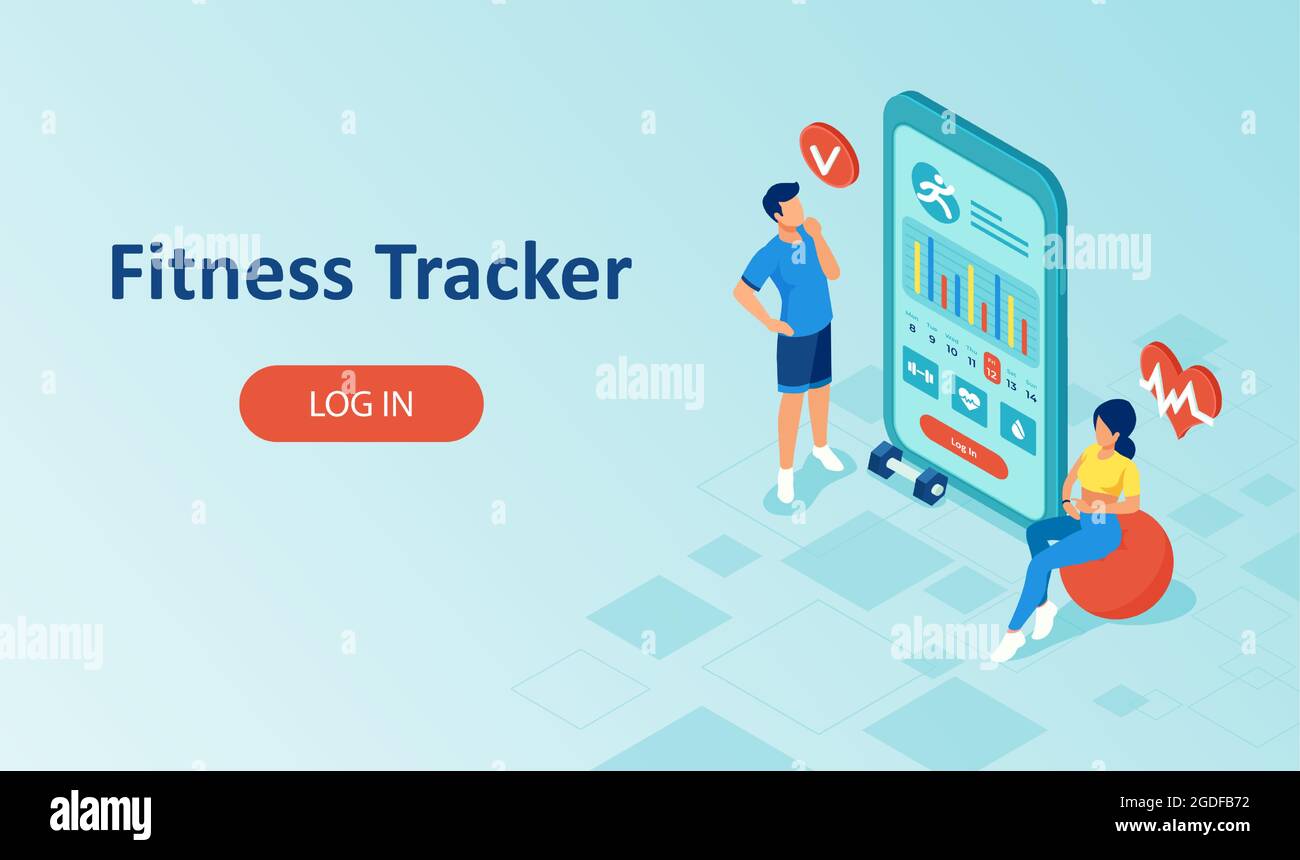 Vektor eines Mannes und einer Frau, die die Herzfrequenz auf der Smartphone-Fitness-App überwachen und Trainingsdaten überprüfen Stock Vektor