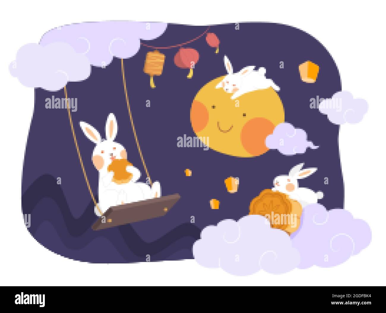 Design des Herbstfestes. Flache Illustration von Kaninchen, die am Himmel sitzen und den Mond als Feiertagsfeier gemeinsam beobachten Stock Vektor