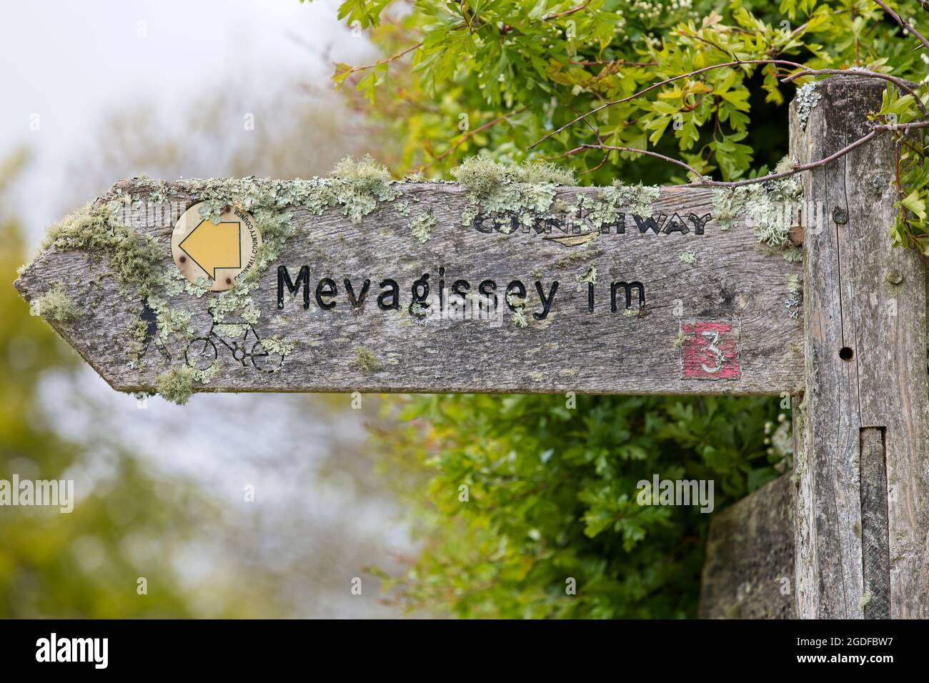 Ein Flechten-bedecktes Schild „Cornish Way“, eine Meile (1,6 km) von Mevagissey, Cornwall, England, Großbritannien entfernt. Stockfoto