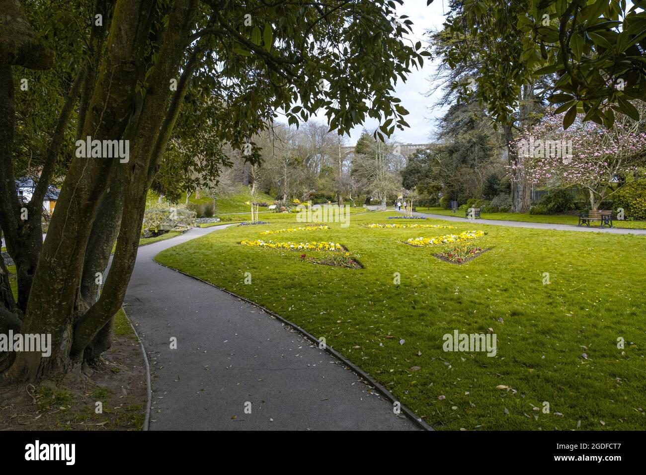 Dekorative Blumenbeete in den Trenance Gardens in Newquay in Cornwall. Stockfoto