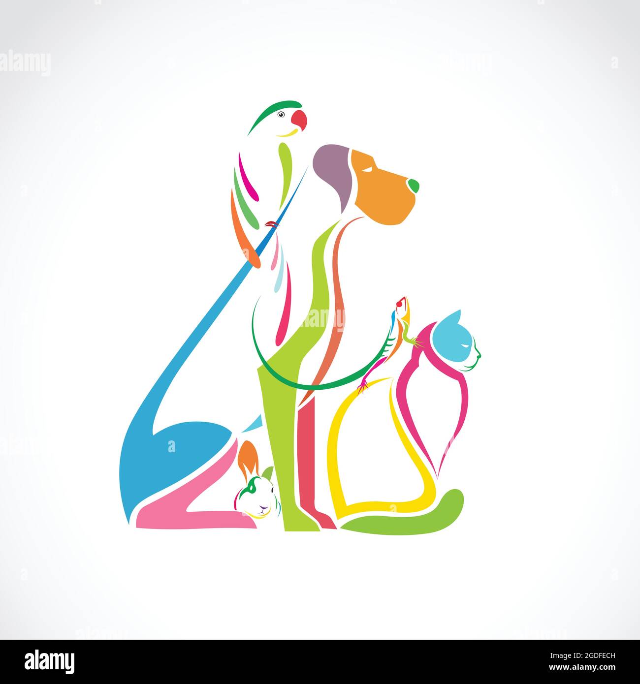 Vektor-Gruppe von Tieren bunt - Hund, Katze, Vogel, Chamäleon, Kaninchen, Isoliert auf weißem Hintergrund. Leicht editierbare Vektorgrafik mit Ebenen. Stock Vektor