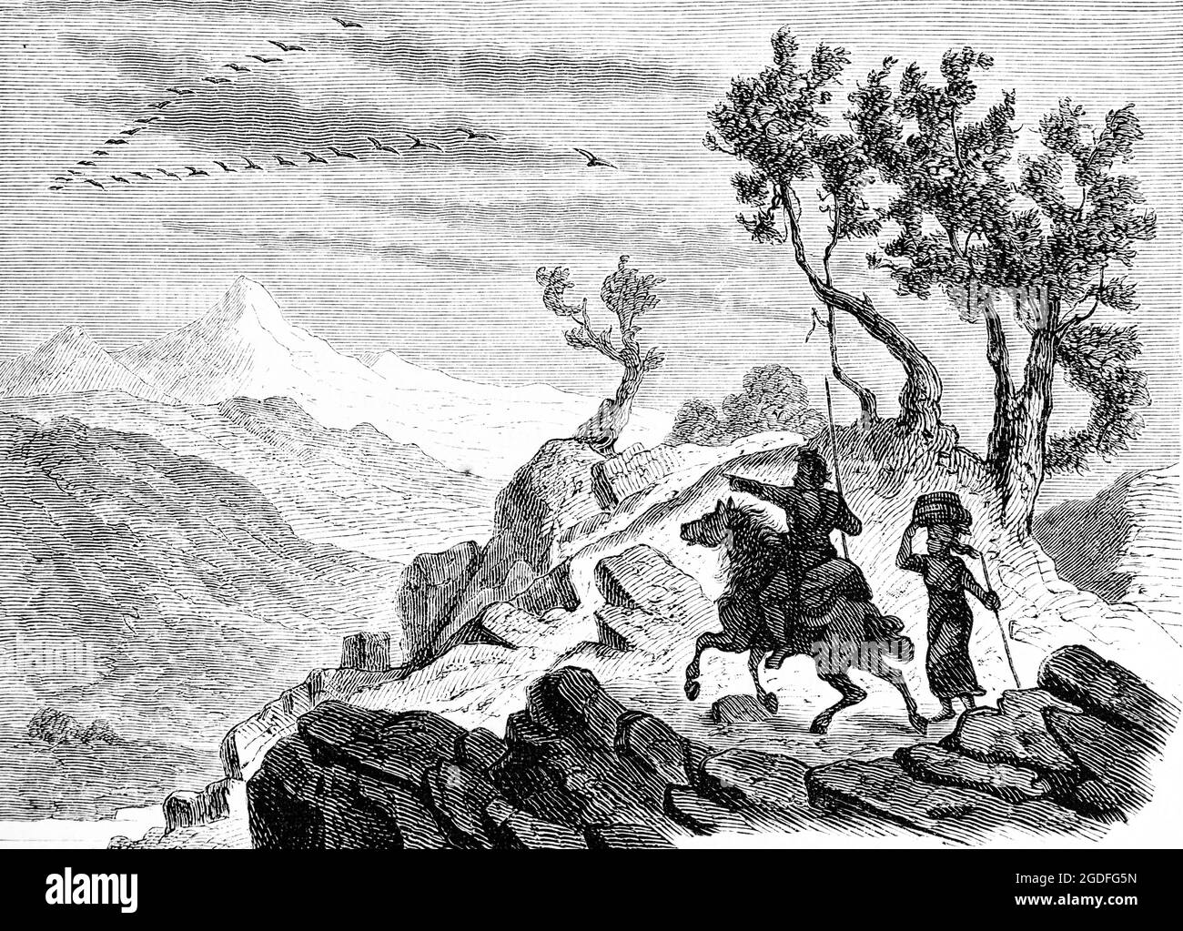 Frontispiz zu den Büchern der Reise, unbekannte Landschaft, historische Illustration 1881 Stockfoto