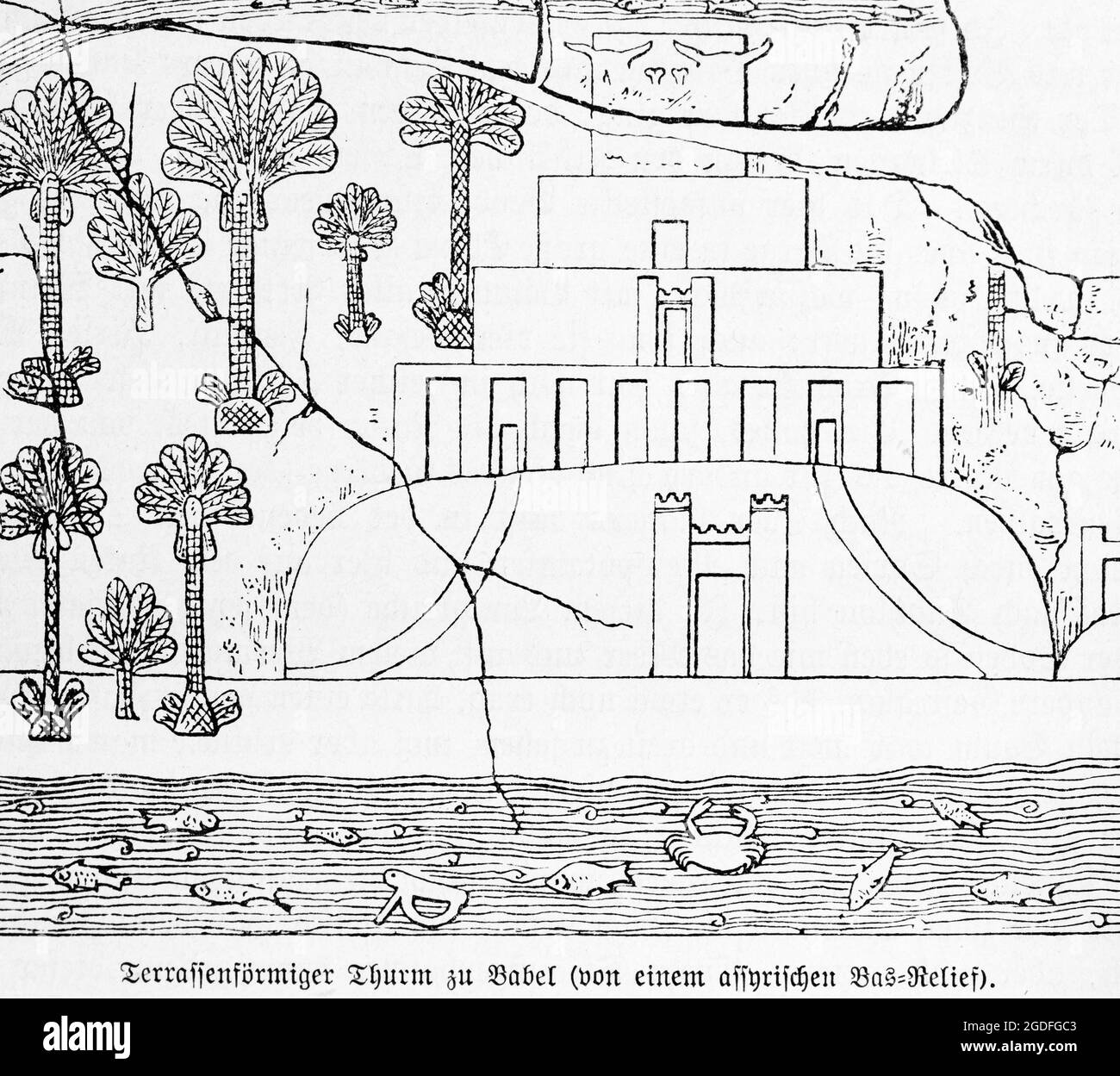 Der terrassenförmige Turm von Babel, erzählt im Buch Genesis, nach einem assyrischen Relief, historische Illustration 1881 Stockfoto